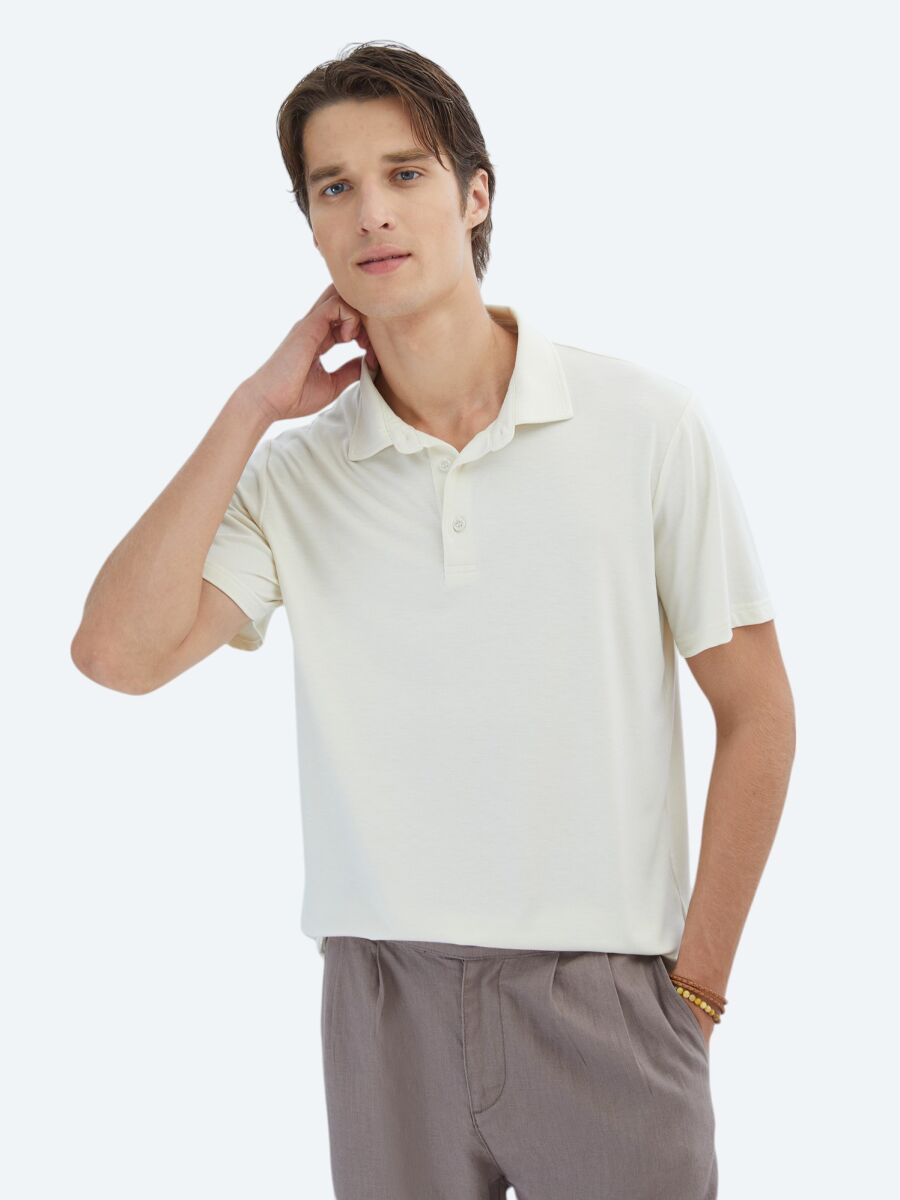 Ecru Plain Recycled Polo Neck T-Shirt - 1