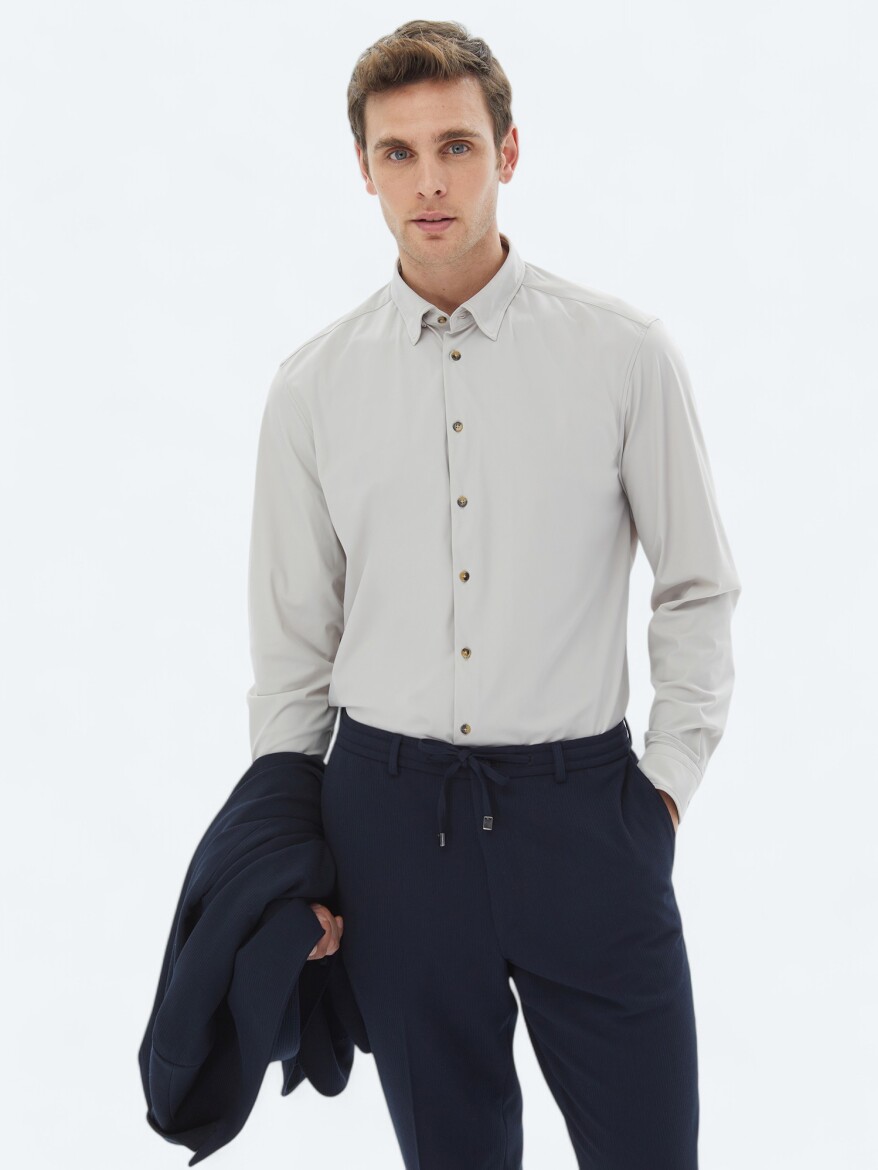 Ecru Plain Regular Fit Long Knitting Casual Shirt 