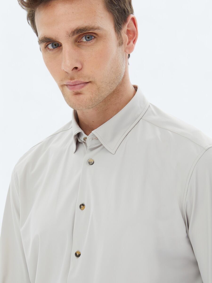 Ecru Plain Regular Fit Long Knitting Casual Shirt - 4