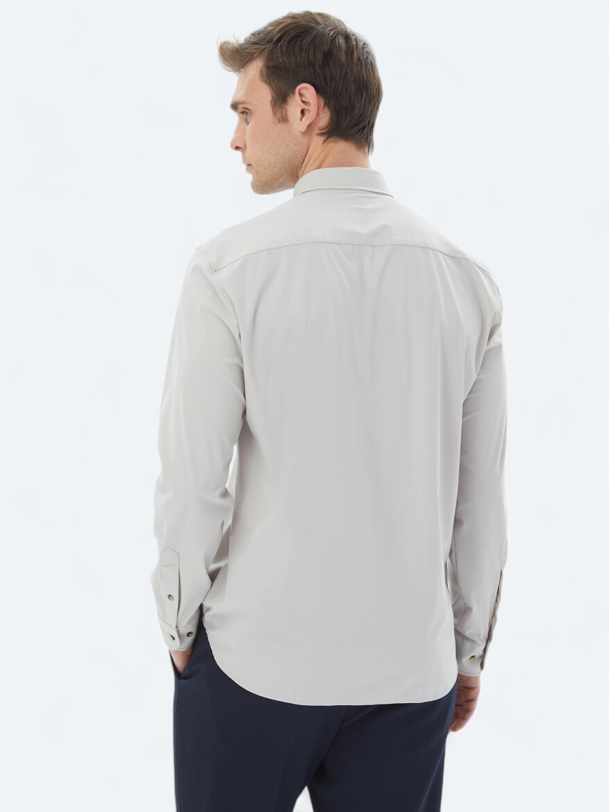 Ecru Plain Regular Fit Long Knitting Casual Shirt - 6