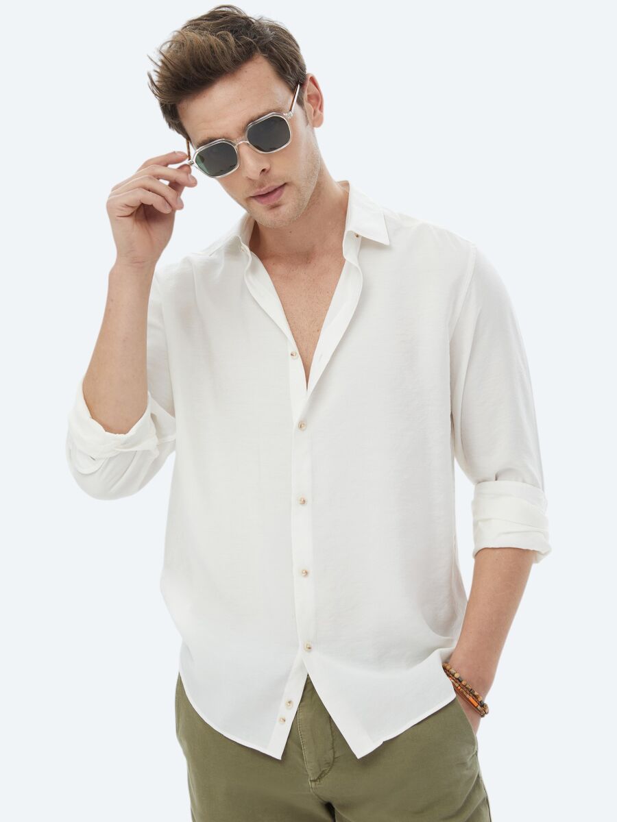 Ecru Plain Regular Fit Long Weaving Casual Shirt - 1