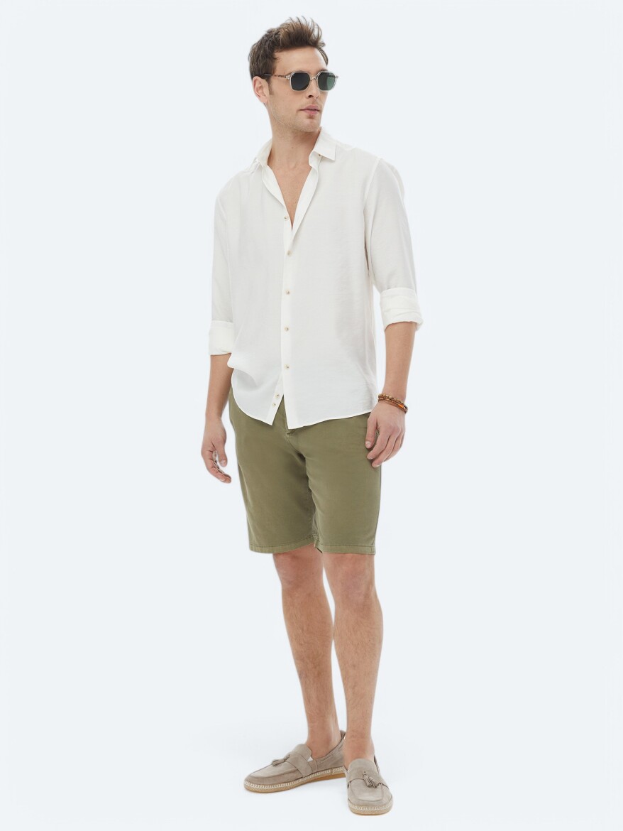 Ecru Plain Regular Fit Long Weaving Casual Shirt - 3