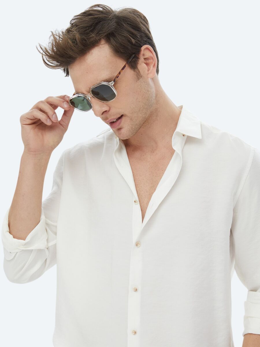 Ecru Plain Regular Fit Long Weaving Casual Shirt - 5