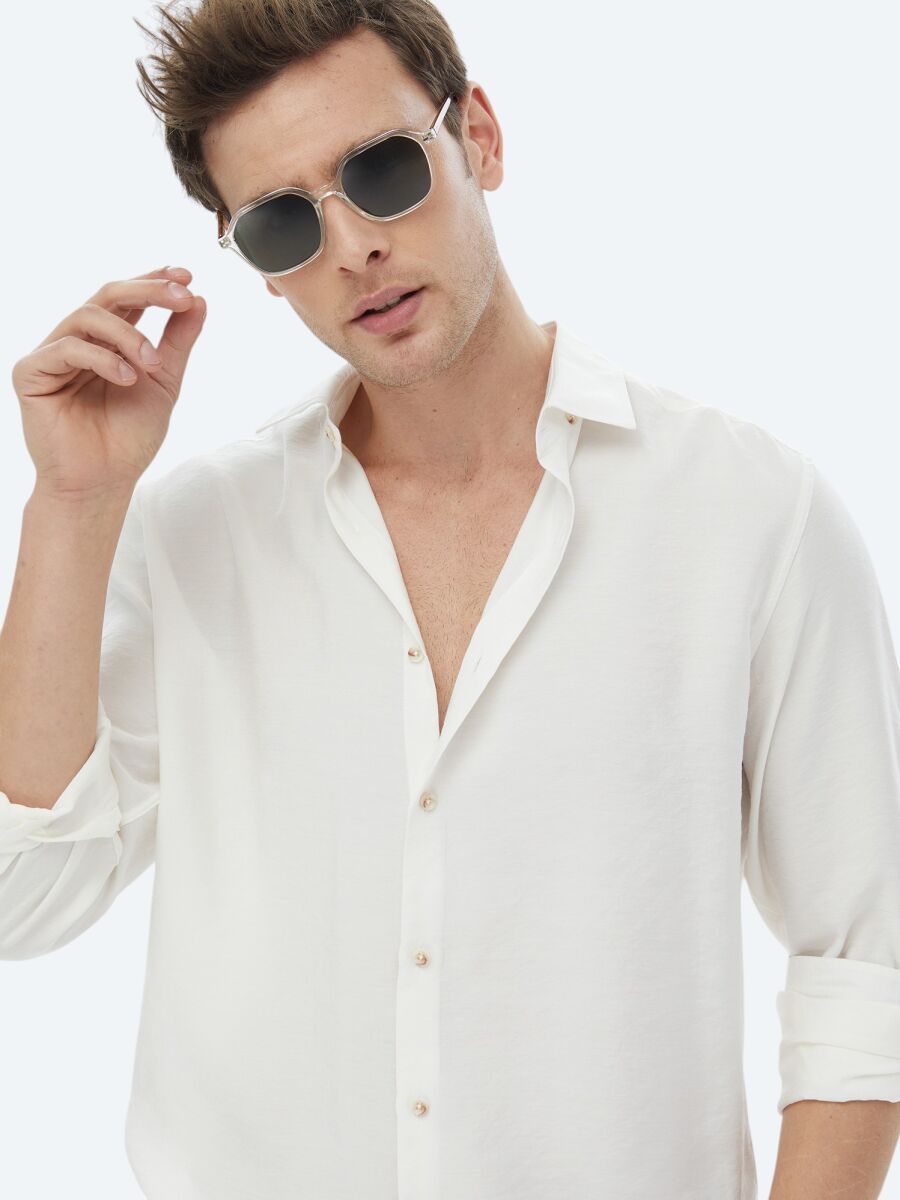 Ecru Plain Regular Fit Long Weaving Casual Shirt - 6