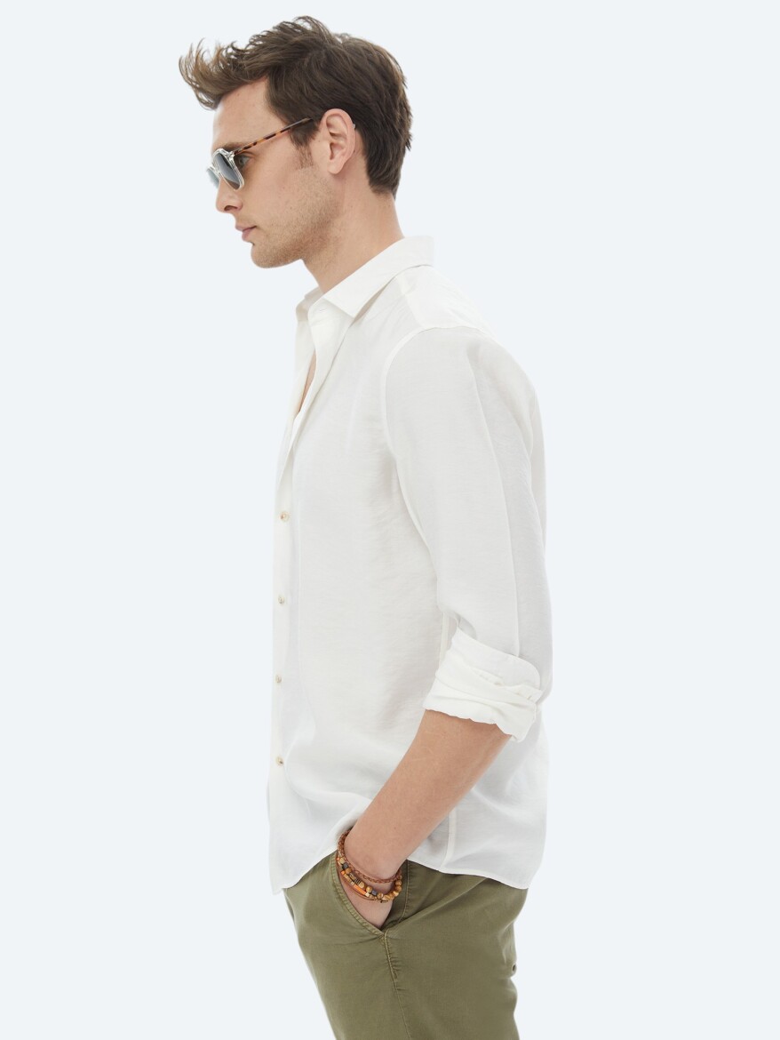 Ecru Plain Regular Fit Long Weaving Casual Shirt - 7