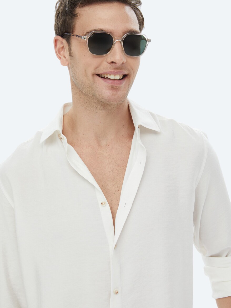 Ecru Plain Regular Fit Long Weaving Casual Shirt - 9