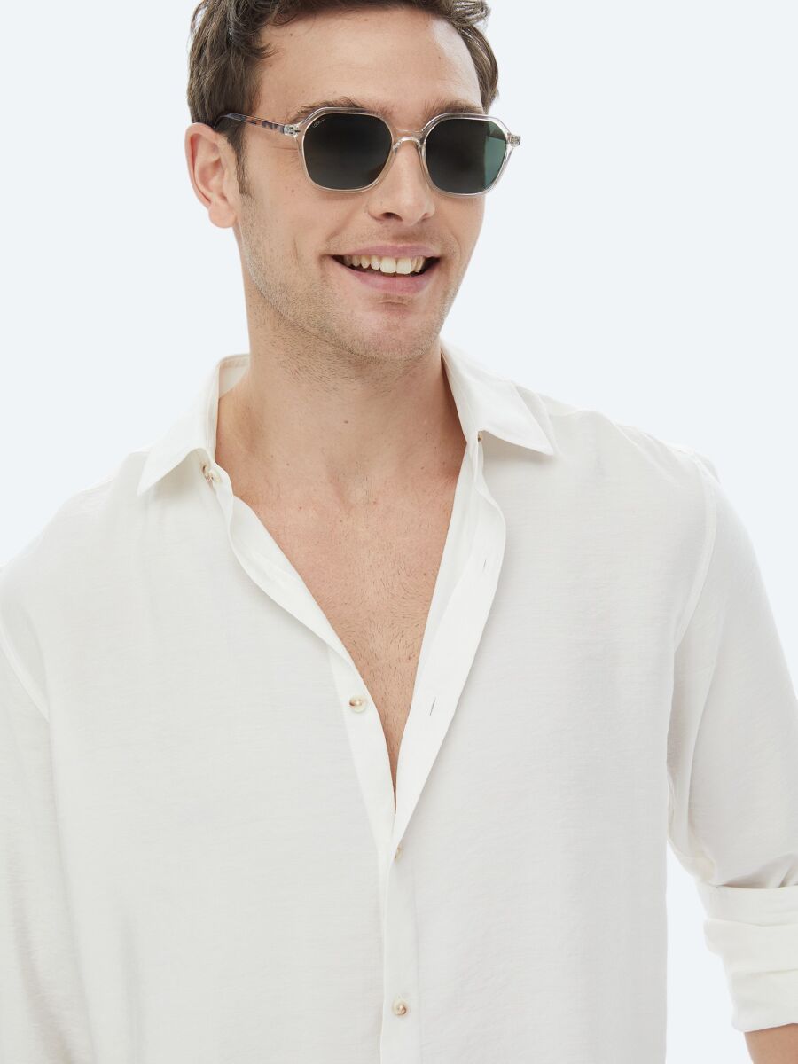 Ecru Plain Regular Fit Long Weaving Casual Shirt - 9