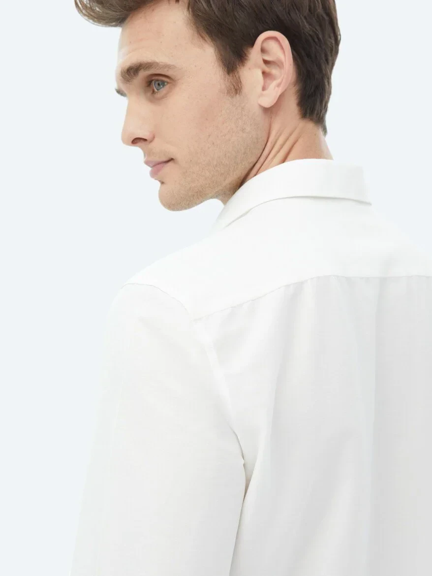 Ecru Plain Regular Fit Weaving Casual Cotton Blended Shirt - 7