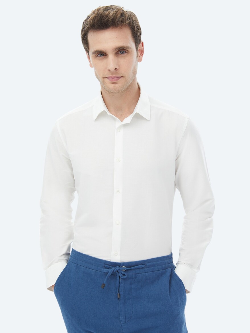 Ecru Plain Regular Fit Weaving Casual Cotton Blended Shirt - 1