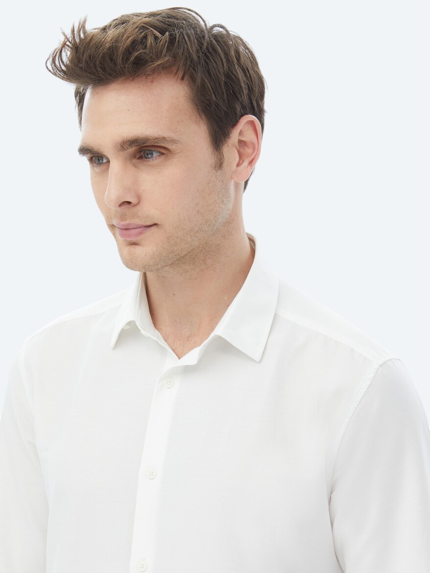 Ecru Plain Regular Fit Weaving Casual Cotton Blended Shirt - 4
