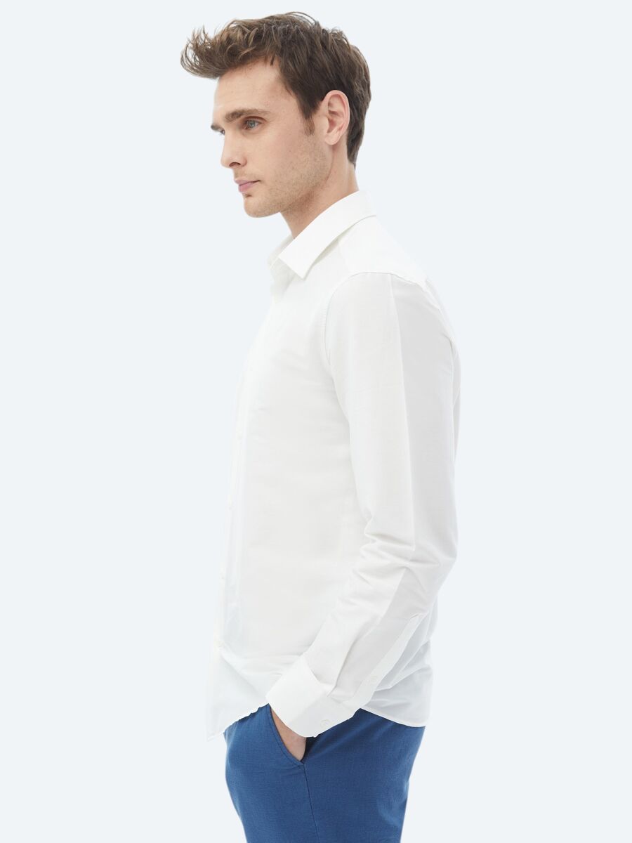 Ecru Plain Regular Fit Weaving Casual Cotton Blended Shirt - 5