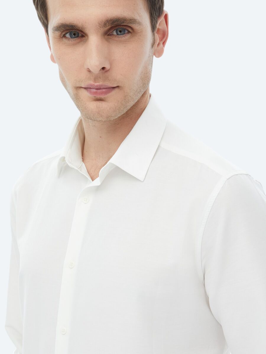 Ecru Plain Regular Fit Weaving Casual Cotton Blended Shirt - 6