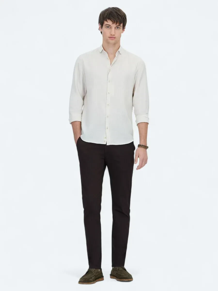 Ecru Plain Regular Fit Weaving Casual Cotton Blended Shirt - 2