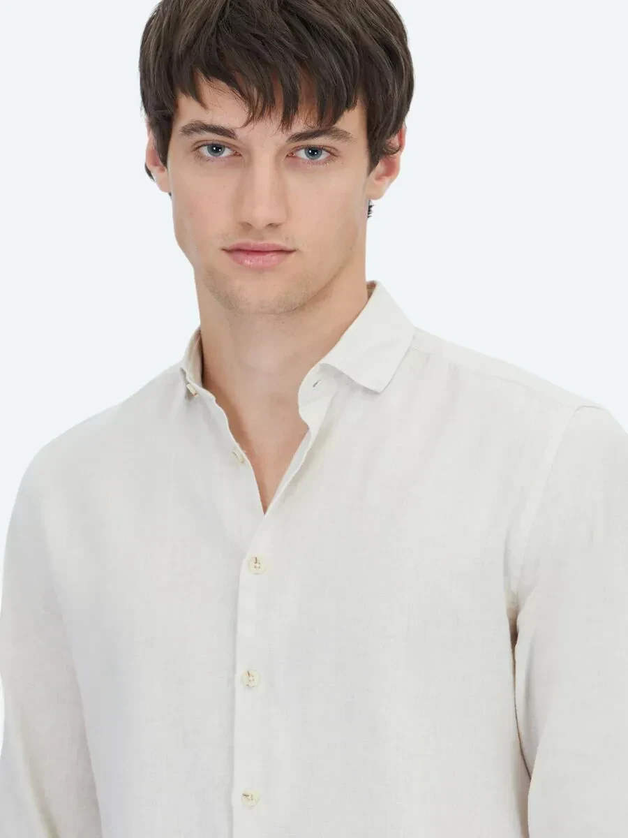 Ecru Plain Regular Fit Weaving Casual Cotton Blended Shirt - 3