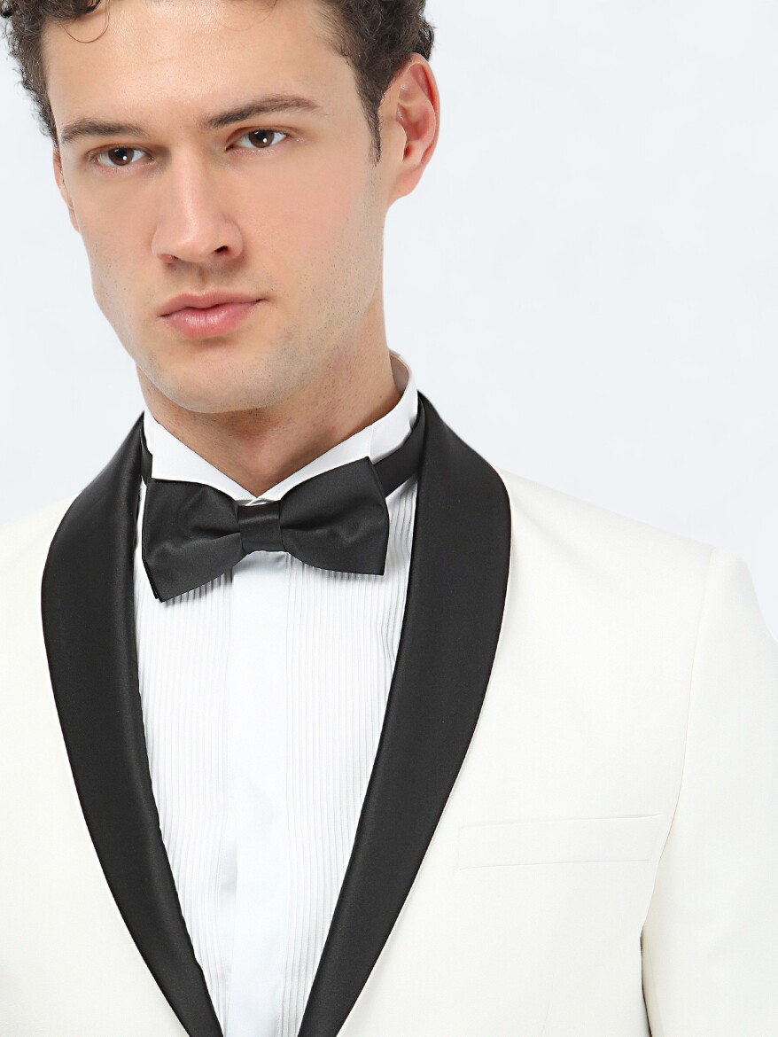 Ecru Plain Slim Fit Shawl Collar Weaving Tuxedo - 3