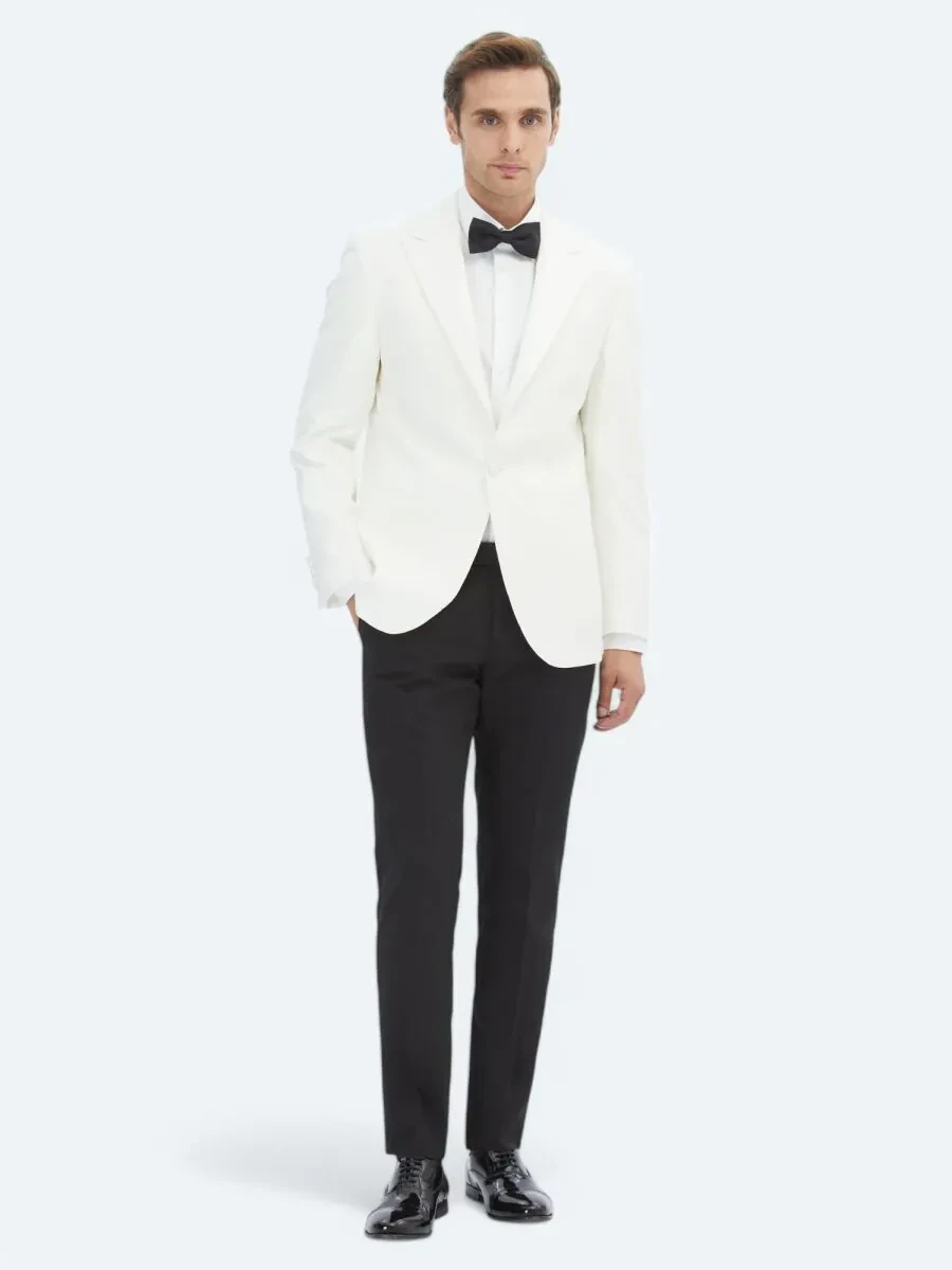 Ecru Plain Slim Fit Double Breasted Collar Weaving Tuxedo - 2