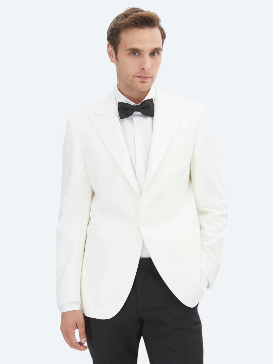Ecru Plain Slim Fit Double Breasted Collar Weaving Tuxedo - 1