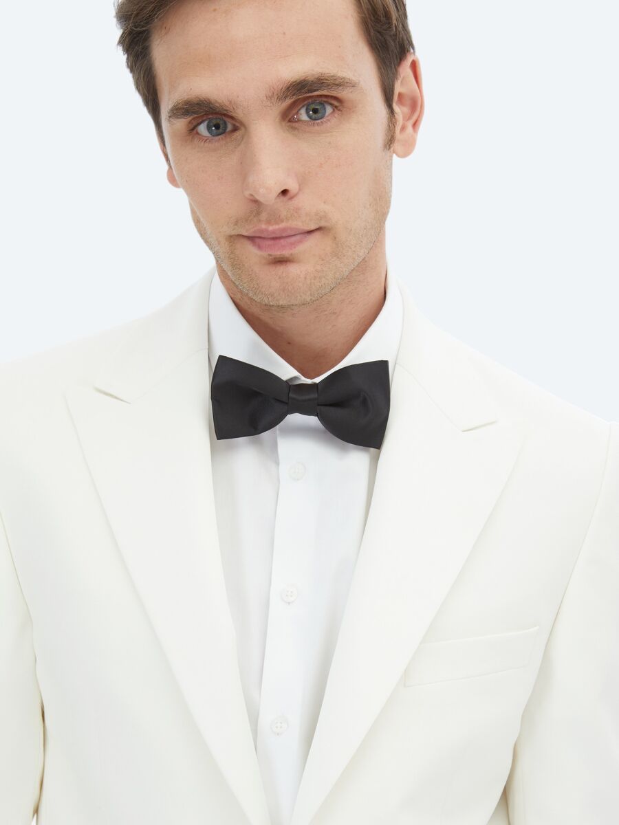 Ecru Plain Slim Fit Double Breasted Collar Weaving Tuxedo - 3