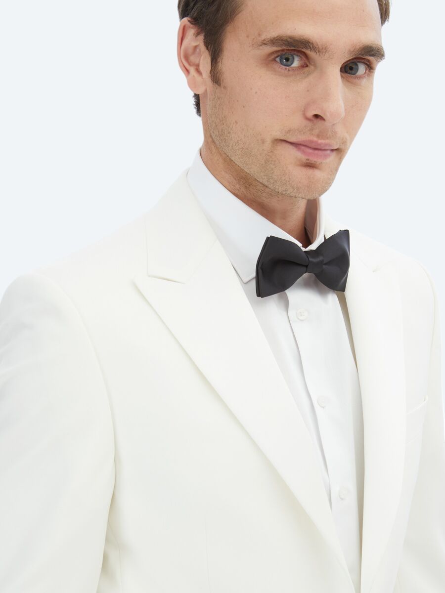 Ecru Plain Slim Fit Double Breasted Collar Weaving Tuxedo - 4
