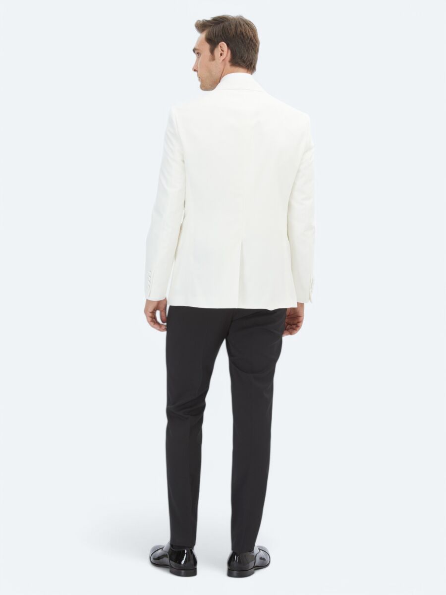 Ecru Plain Slim Fit Double Breasted Collar Weaving Tuxedo - 5
