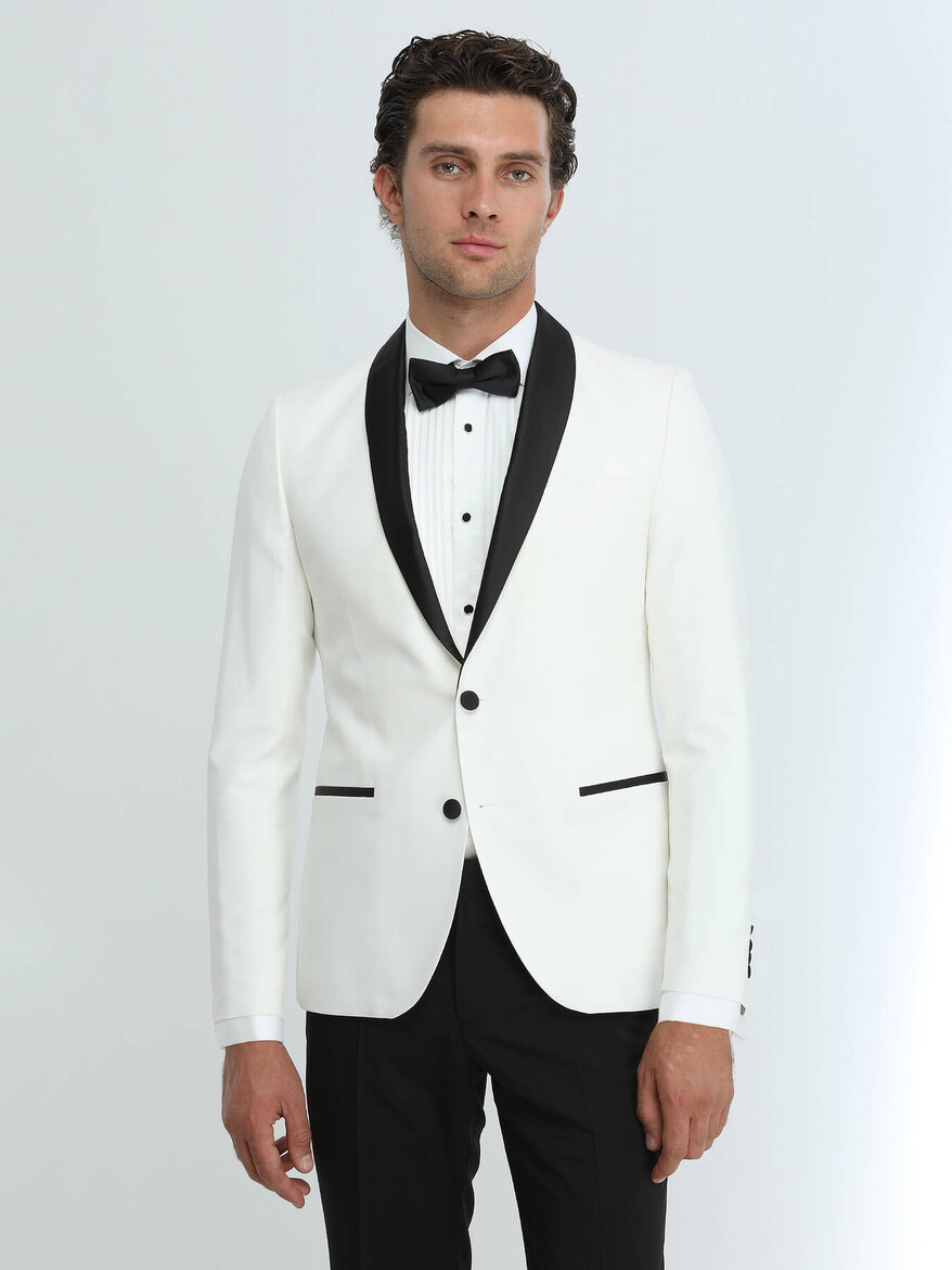 Ecru Plain Slim Fit Shawl Collar Weaving Tuxedo - 1