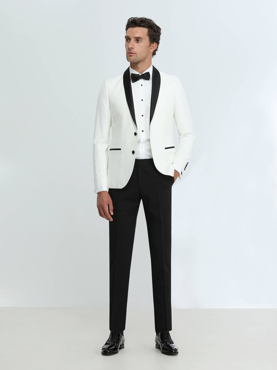 Ecru Plain Slim Fit Shawl Collar Weaving Tuxedo - 2