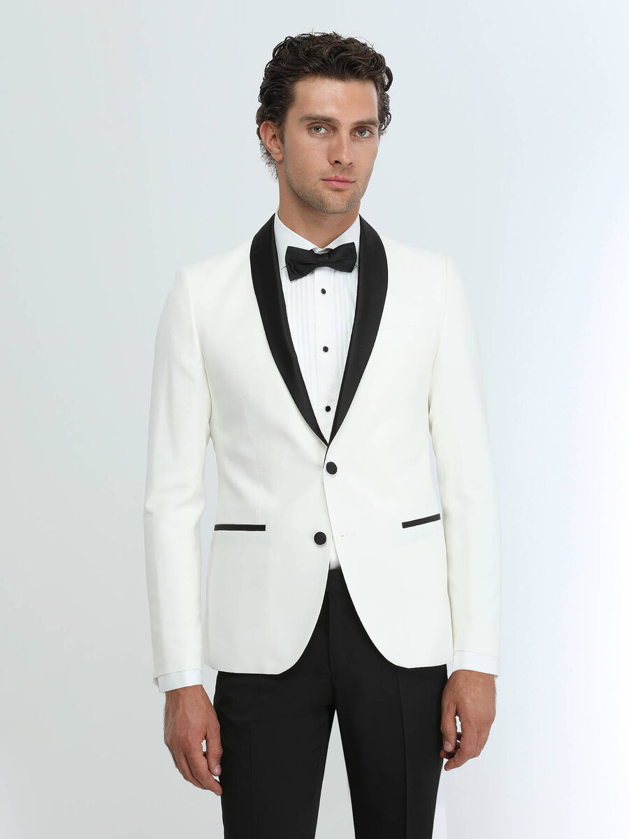 Ecru Plain Slim Fit Shawl Collar Weaving Tuxedo - 4