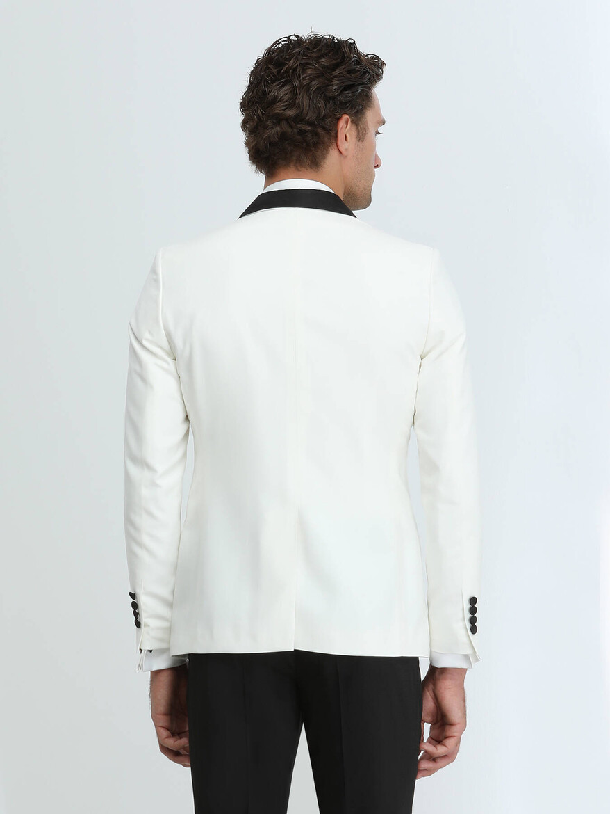 Ecru Plain Slim Fit Shawl Collar Weaving Tuxedo - 5