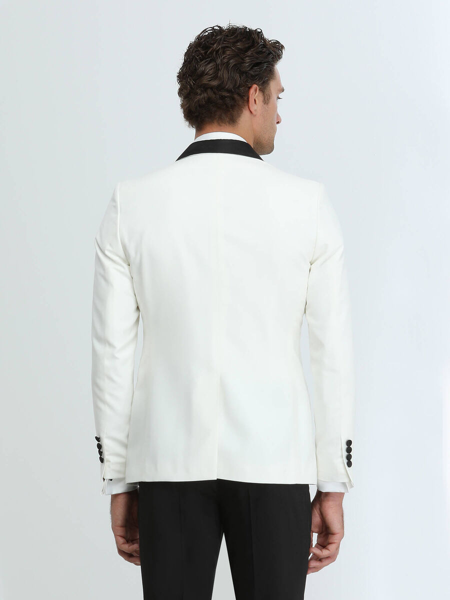 Ecru Plain Slim Fit Shawl Collar Weaving Tuxedo - 5