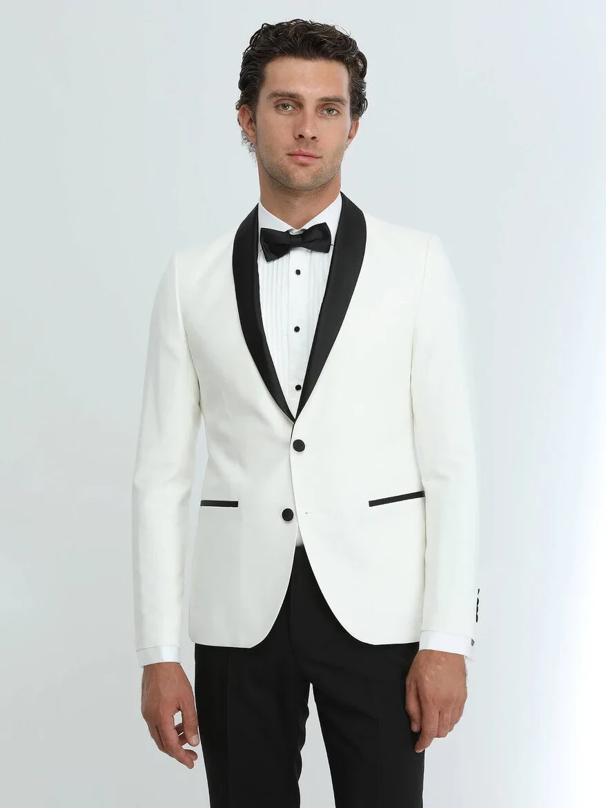 Ecru Plain Slim Fit Shawl Collar Weaving Tuxedo - 1