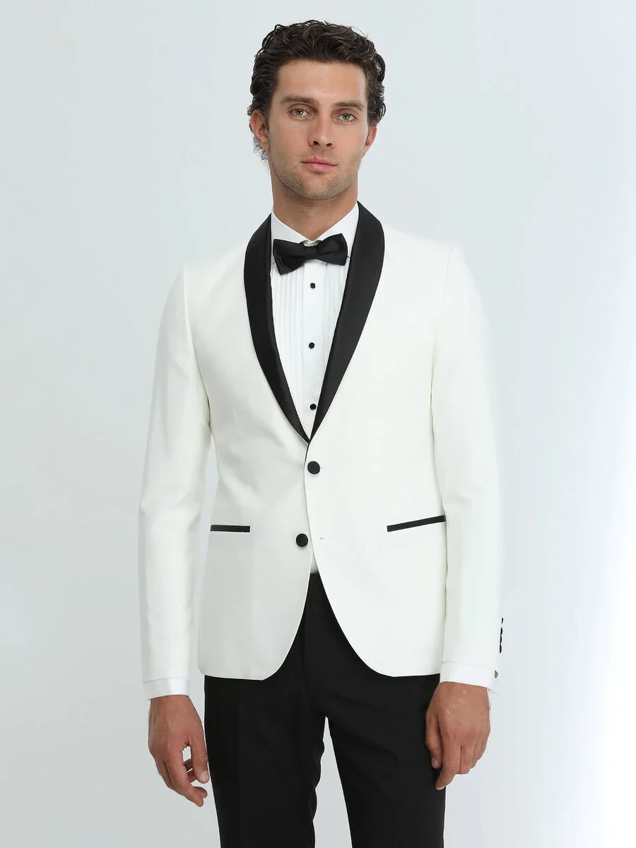 Ecru Plain Slim Fit Shawl Collar Weaving Tuxedo - 1