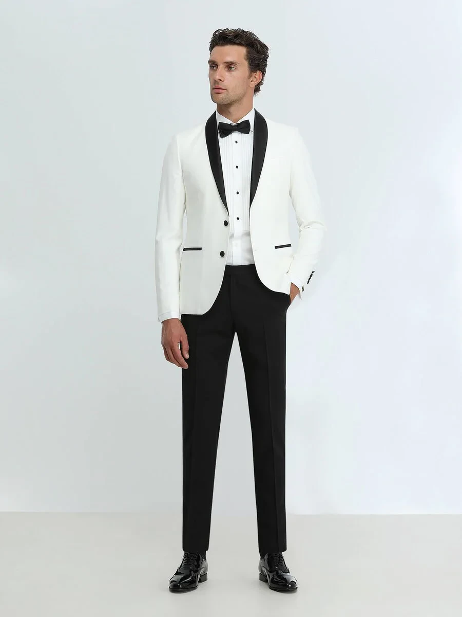 Ecru Plain Slim Fit Shawl Collar Weaving Tuxedo - 2