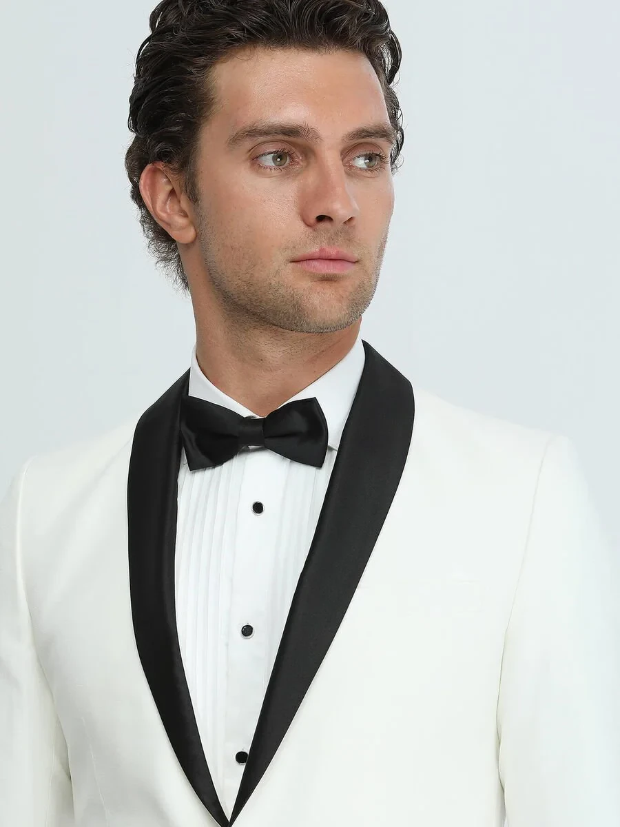 Ecru Plain Slim Fit Shawl Collar Weaving Tuxedo - 3