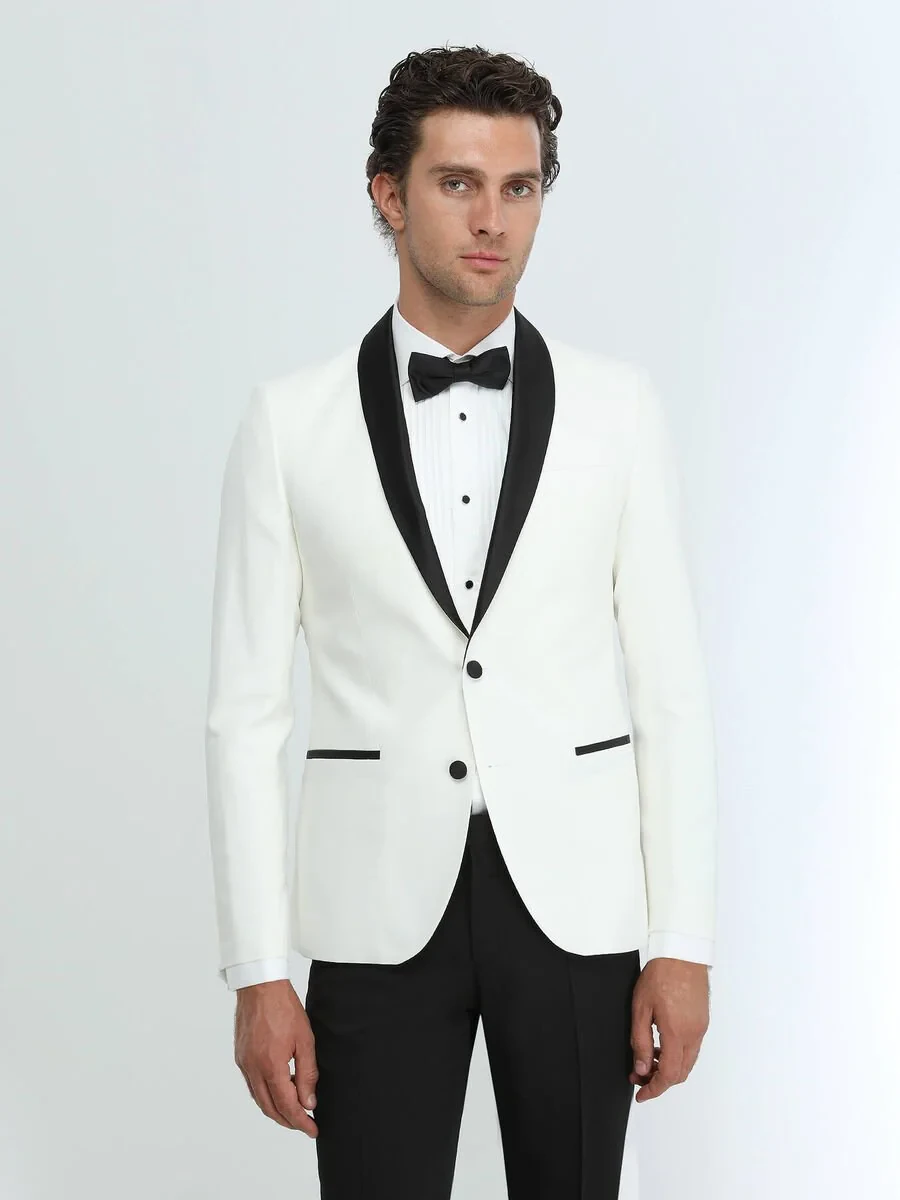 Ecru Plain Slim Fit Shawl Collar Weaving Tuxedo - 4