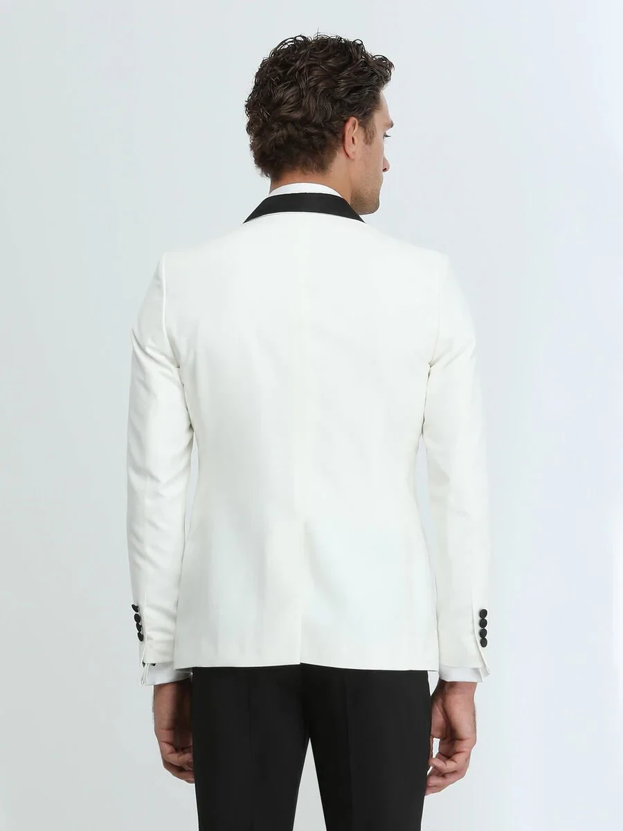 Ecru Plain Slim Fit Shawl Collar Weaving Tuxedo - 5