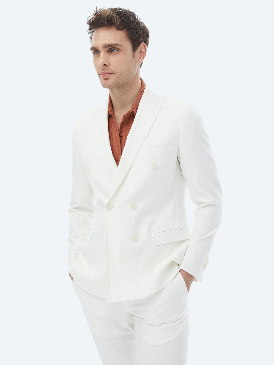 Ecru Plain Slim Fit Suit - 7