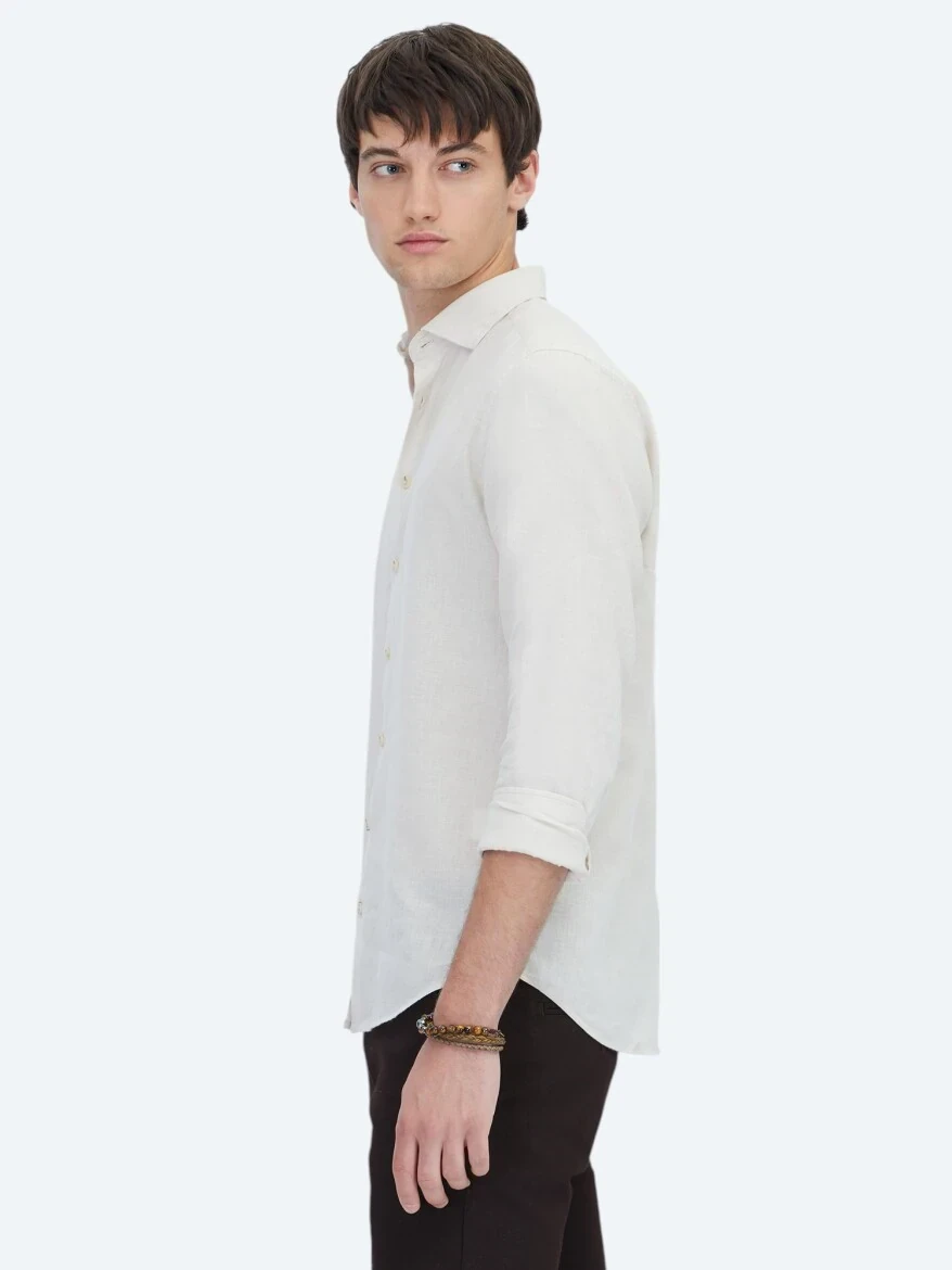 Ecru Plain Weaving Casual Cotton Blended Shirt 
