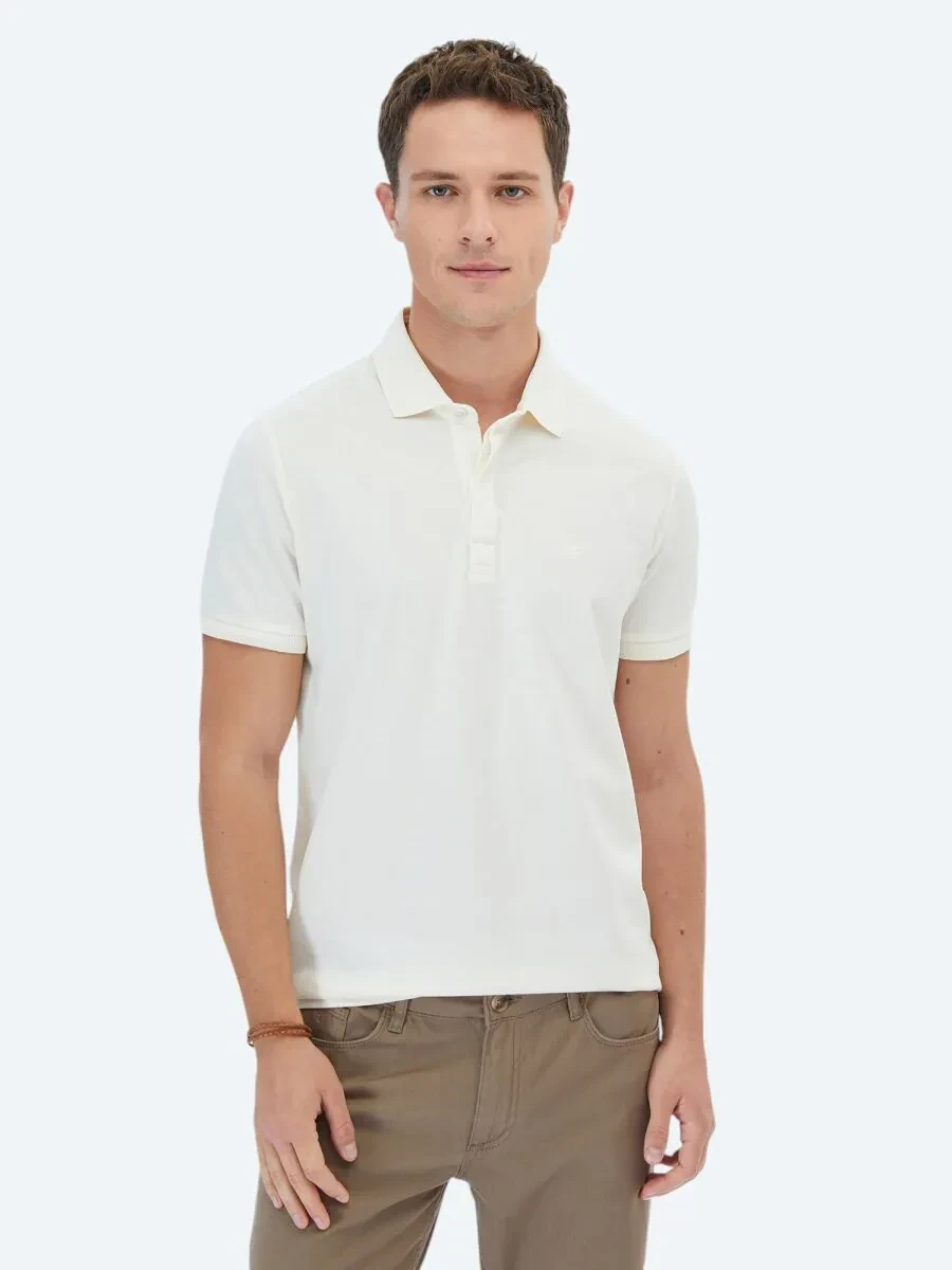 Ecru Polo Neck 100% Cotton T-Shirt - 3