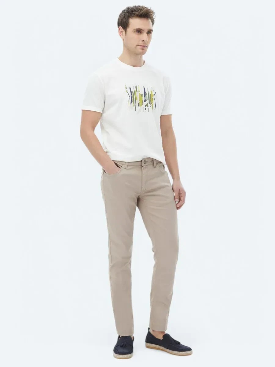 Ecru Printed Crew Neck 100% Cotton T-Shirt - 4