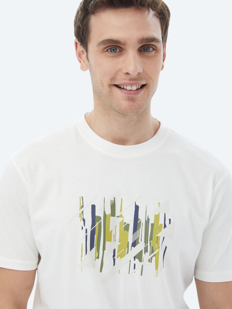 Ecru Printed Crew Neck 100% Cotton T-Shirt - 1