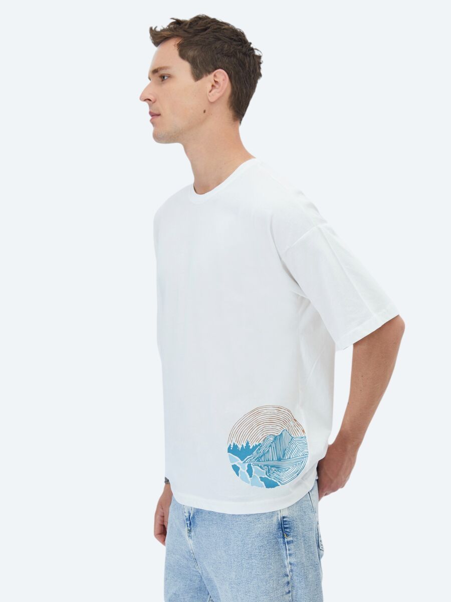 Ecru Printed Crew Neck 100% Cotton T-Shirt - 3