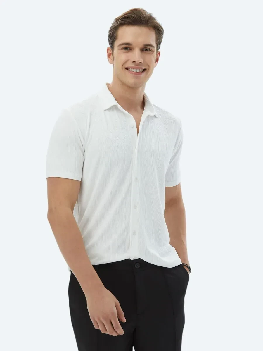Ecru Regular Fit Knitting Casual Shirt - 1