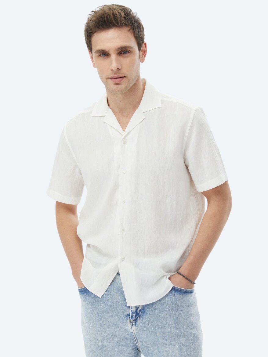 Ecru Regular Fit Short Weaving Classical Linen Blended Shirt - KİP