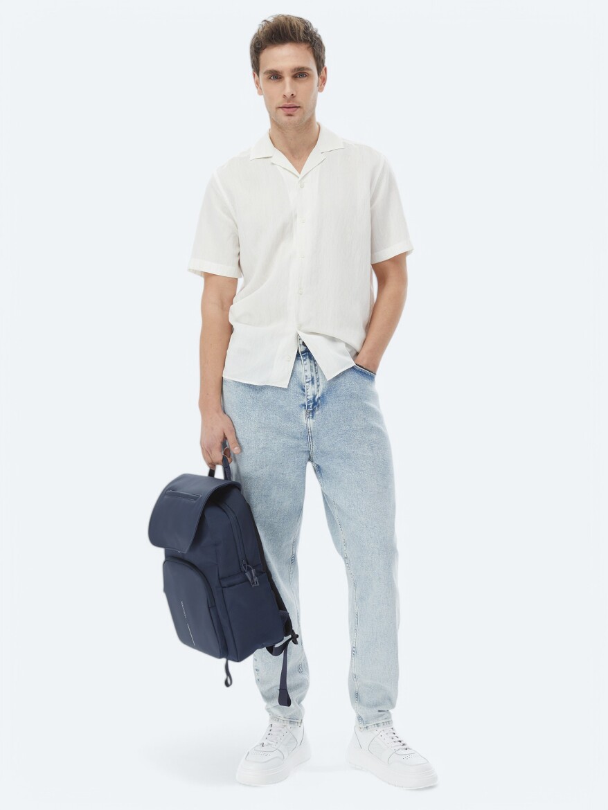 Ecru Regular Fit Short Weaving Classical Linen Blended Shirt - KİP