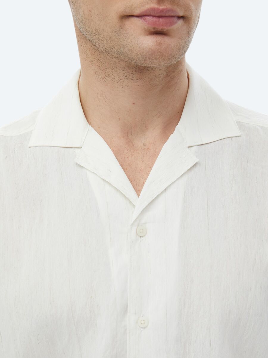 Ecru Regular Fit Short Weaving Classical Linen Blended Shirt - 10