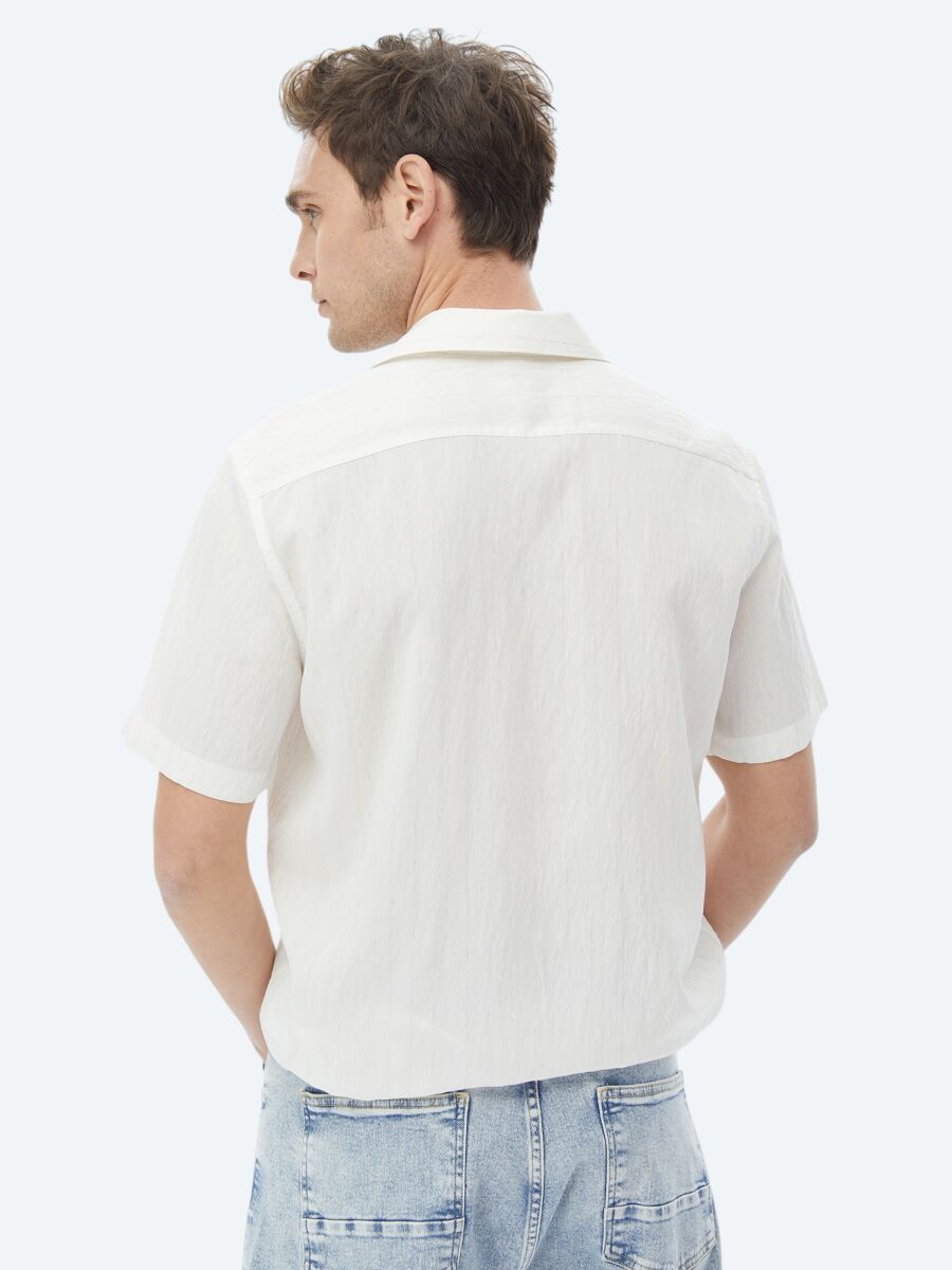 Ecru Regular Fit Short Weaving Classical Linen Blended Shirt - 11