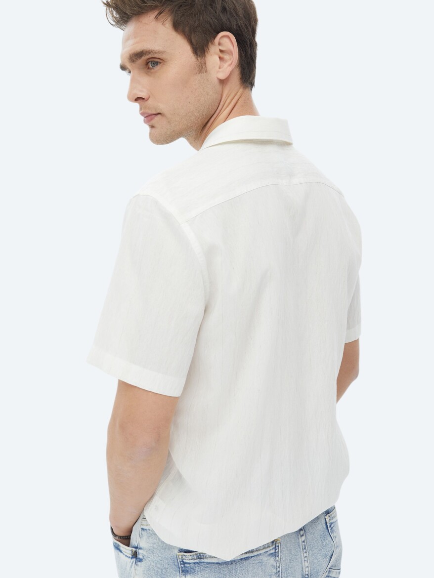 Ecru Regular Fit Short Weaving Classical Linen Blended Shirt - 12