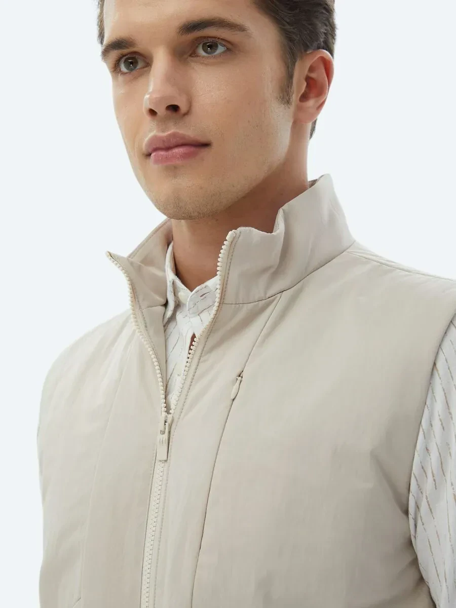 Ecru Regular Fit Turtleneck Casual Weaving Puffer Vest - 2