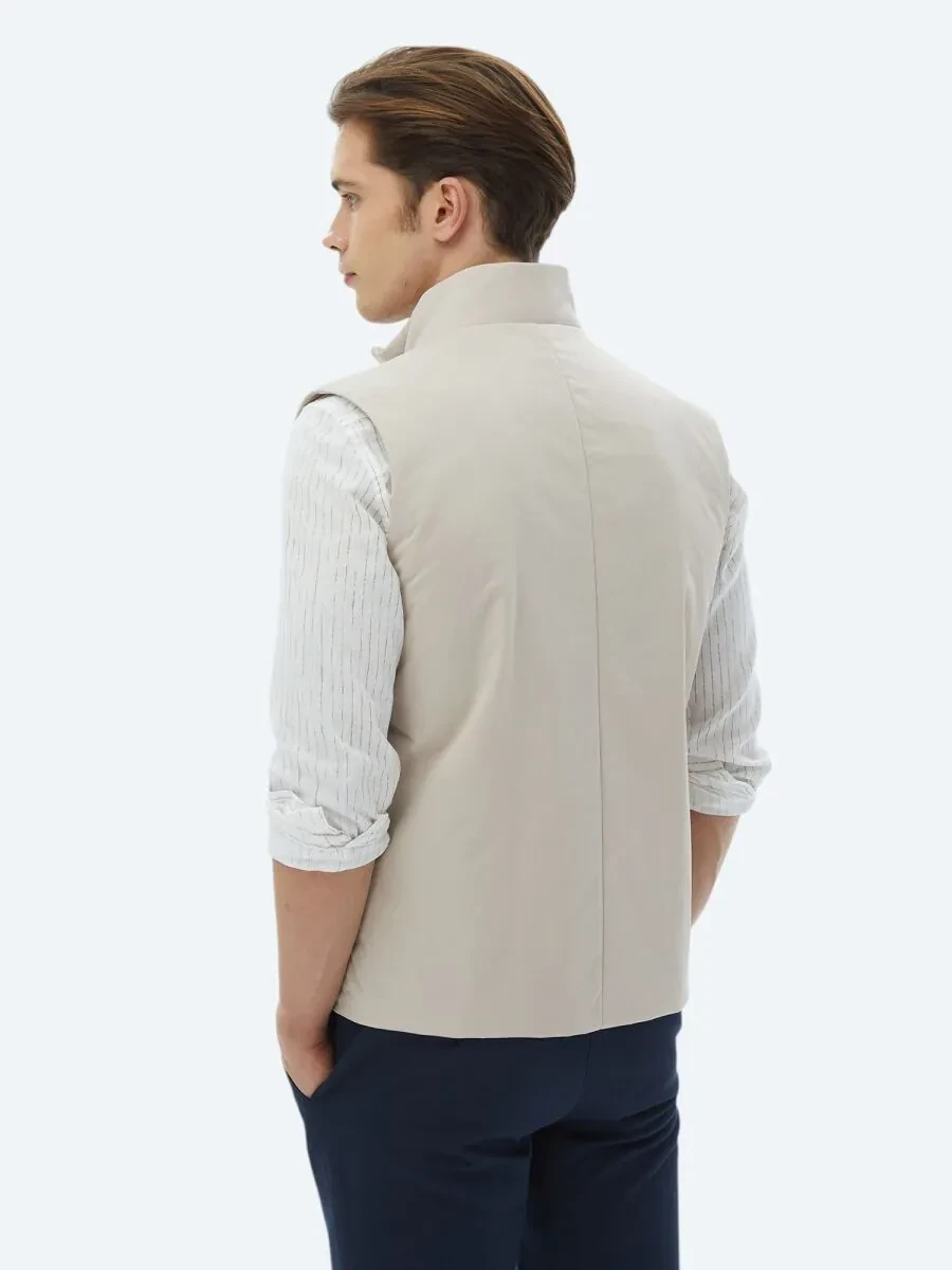 Ecru Regular Fit Turtleneck Casual Weaving Puffer Vest - 7