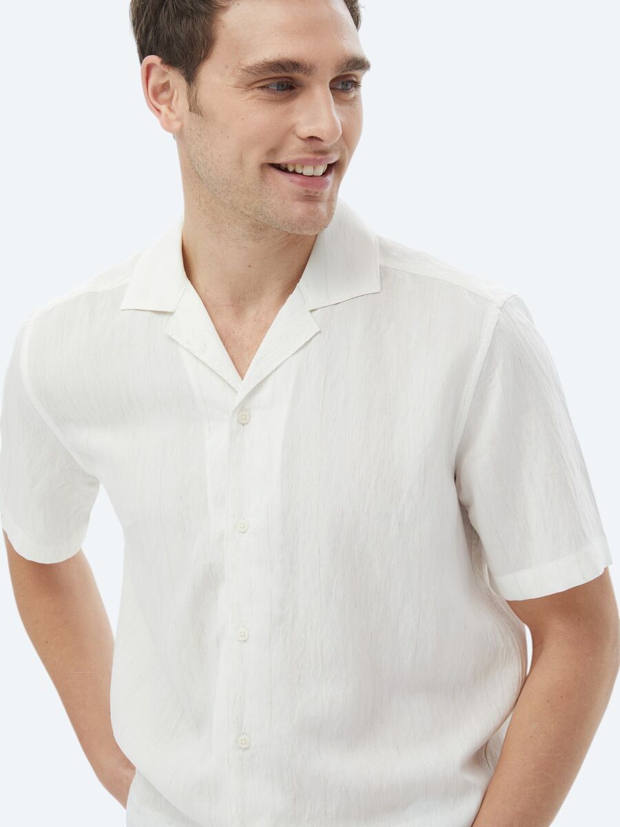 Ecru Regular Fit Weaving Classical Linen Blended Shirt - 7